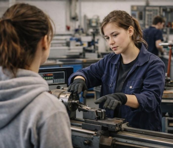 Eine Auszubildende erkl&auml;rt einer interessierten jungen Frau (Foto: twinC GmbH)