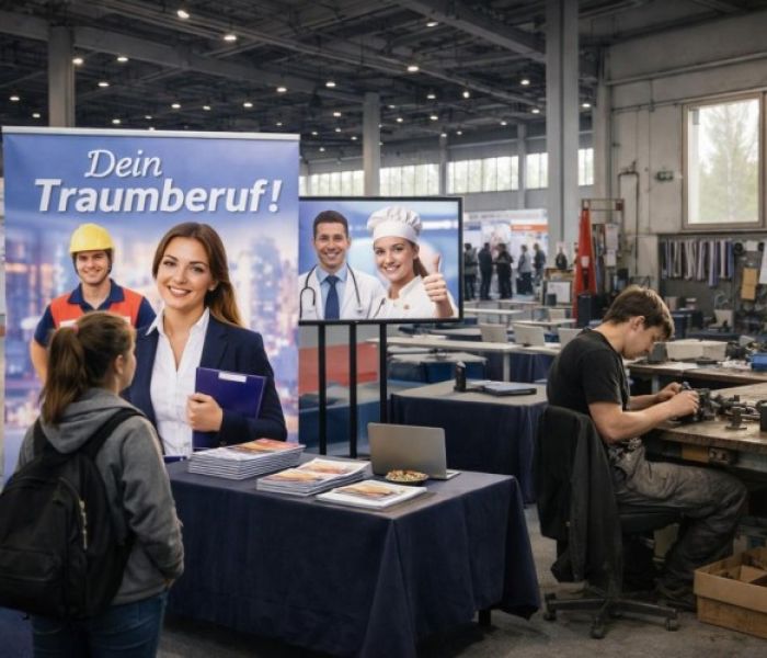 Berufsmesse: Auf der linken Seite befindet sich der Marketingstand (Foto: twinC GmbH)